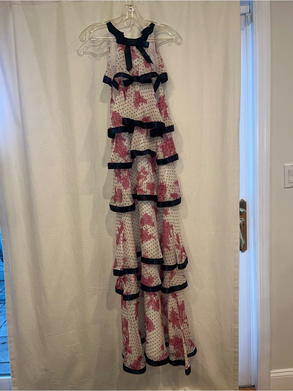 LK Bennett White and Pink Ruffle Tiered Maxi Dress with Black Trim